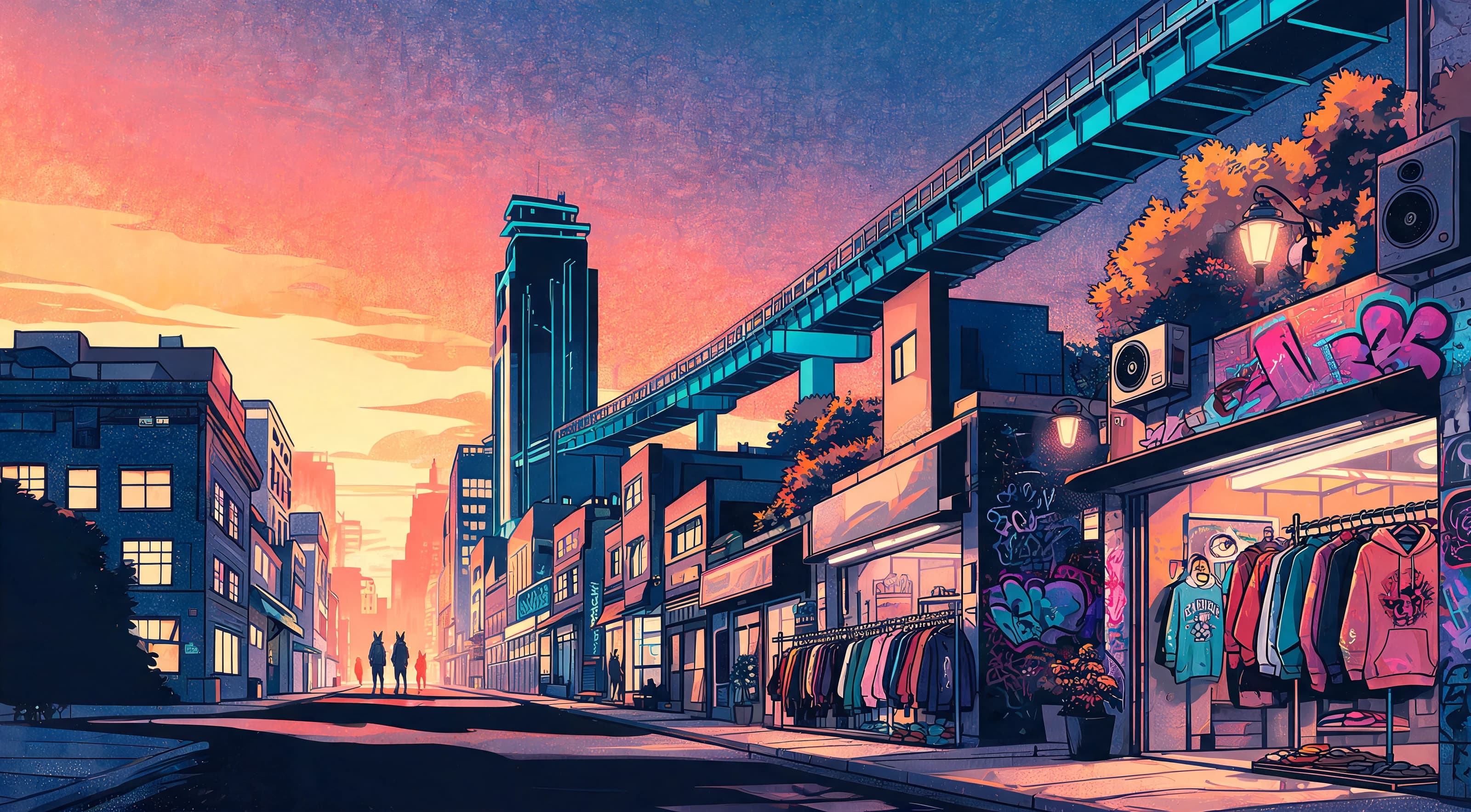 Foxville streets at sunset, full of colour, music and city life